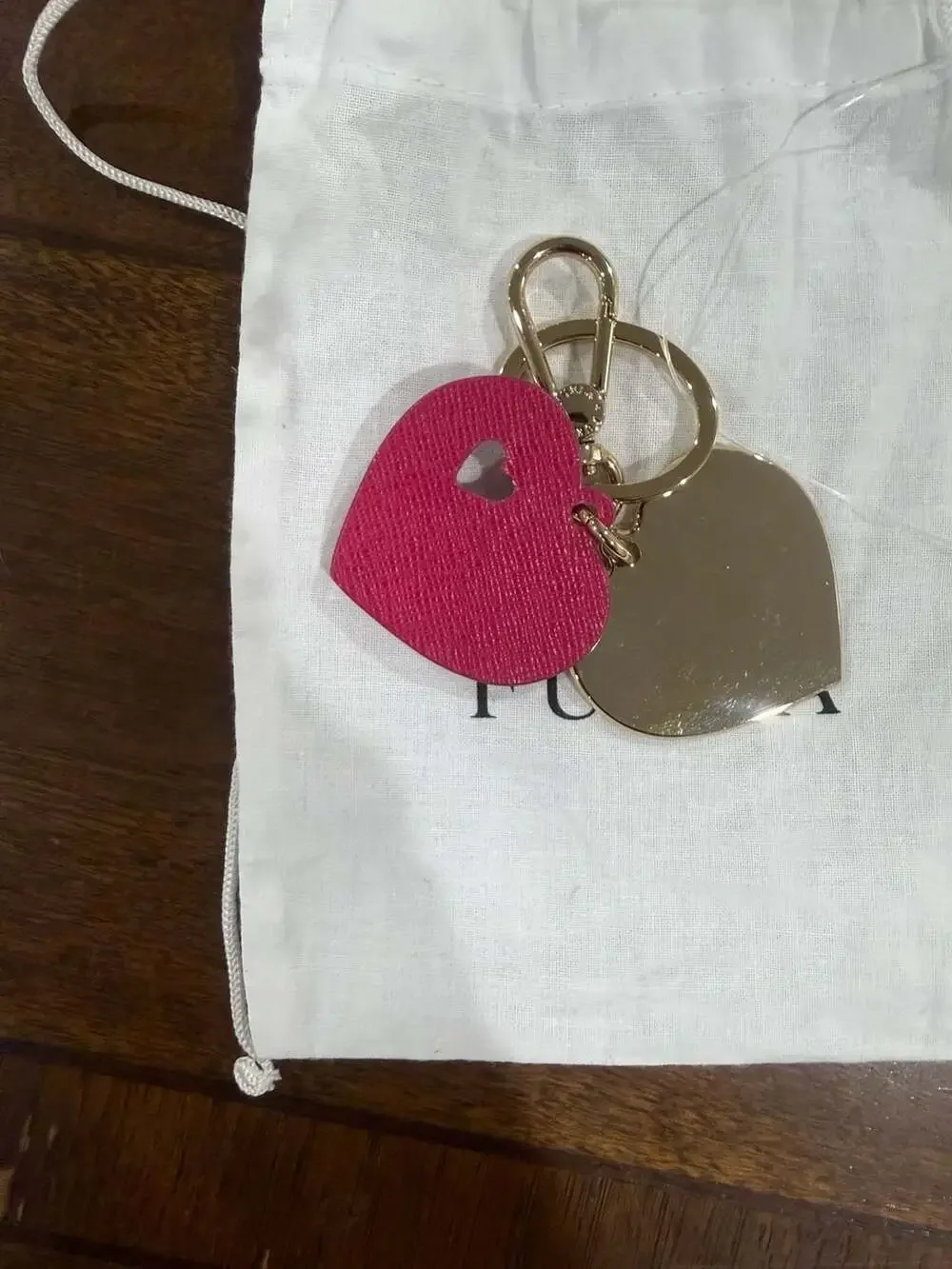 Furla Camelia Heart Keyring Bag Charm Pink and Gold and Dust Bag Designer Luxury
